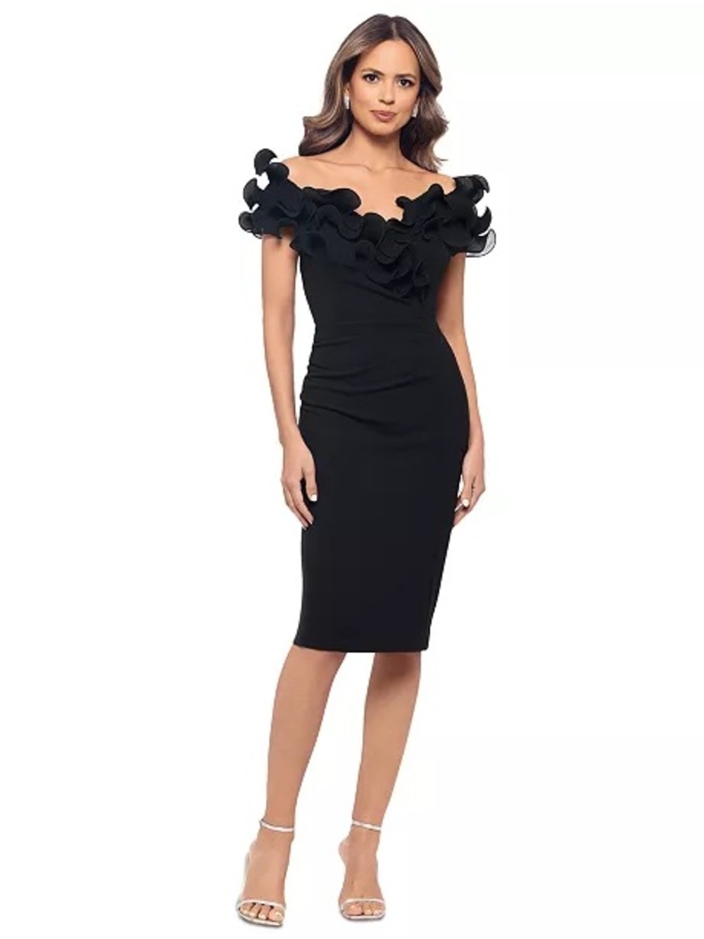 XSCAPE Elegant Off-Shoulder Black Ruffle Sheath Dress